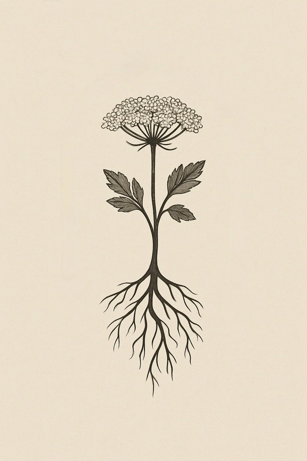 Diagram of a plant with roots, stem, leaves, and a cluster of small flowers at the top.