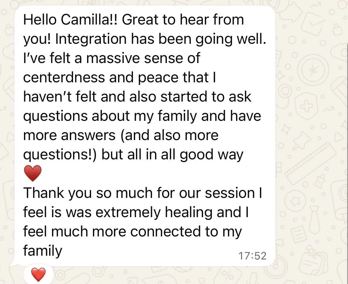 WhatsApp message screenshot with a message about feeling peaceful, connected, and healed after a therapy session, expressing gratitude with heart emojis.