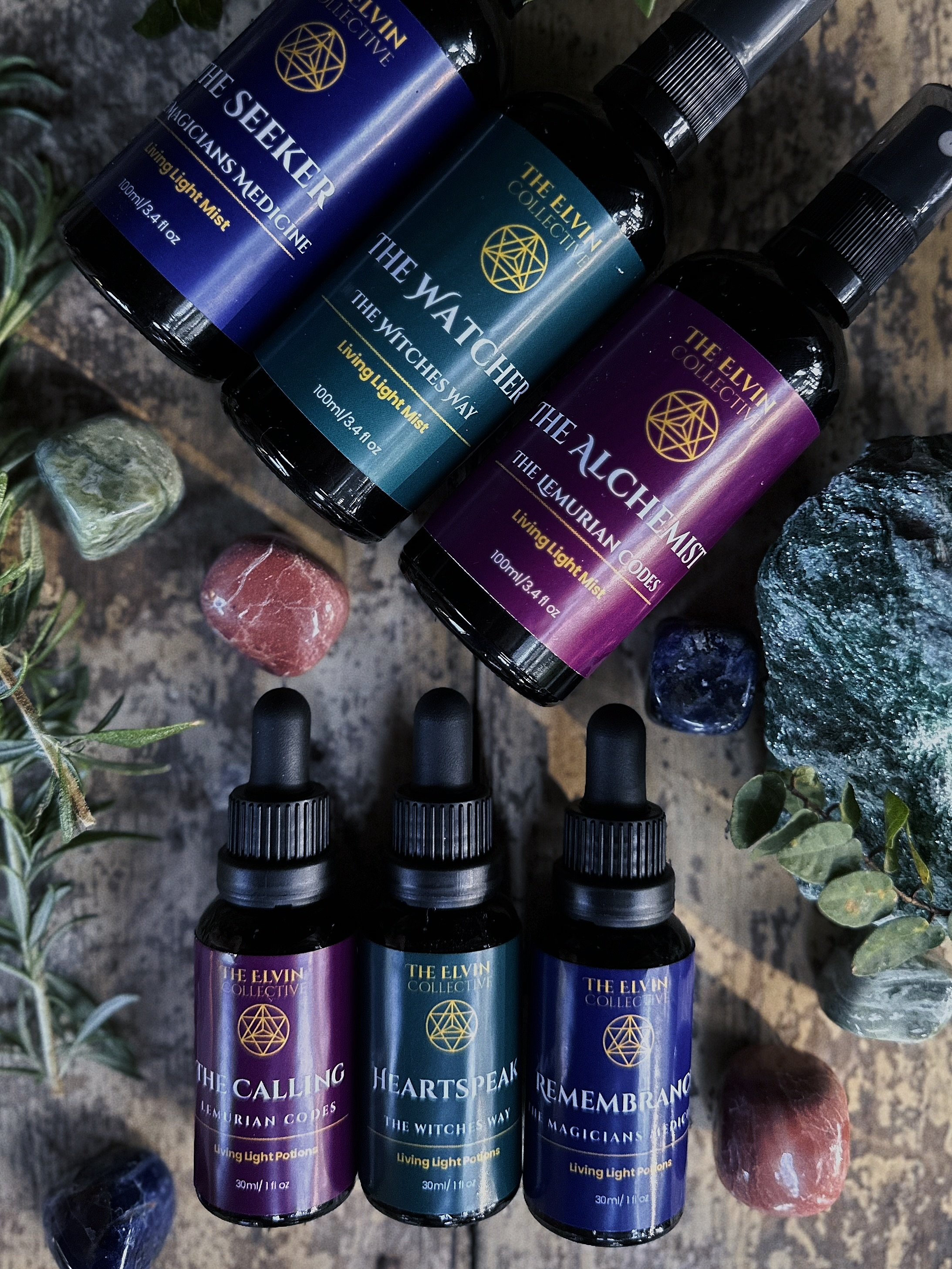 magic potion bottles from The Elvin Collective, the Watcher, Alchemist, Calling, HeartSpeak, and Remembrance,crystal healing