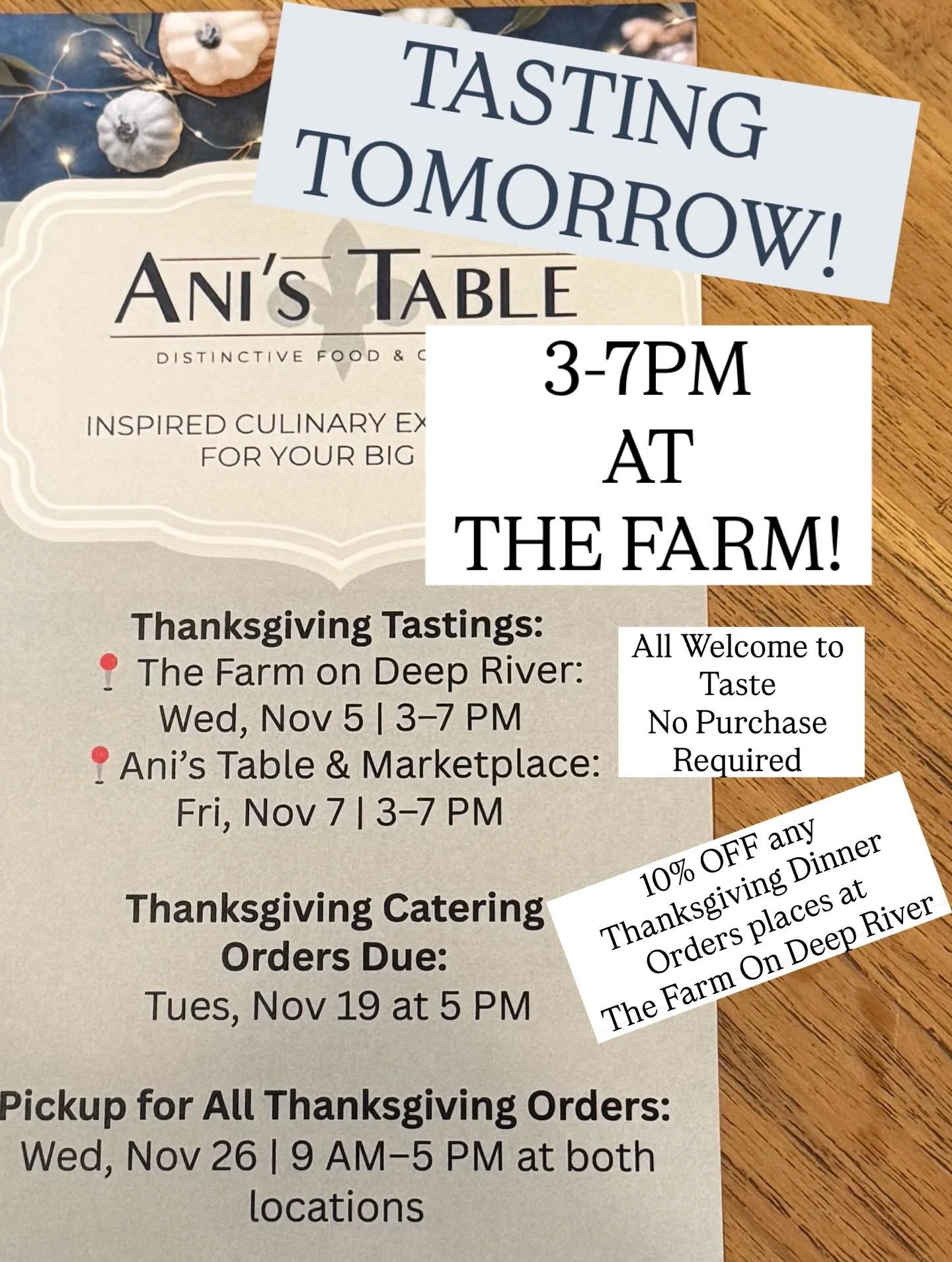 TOMORROW WEDNESDAY, 11/5
FROM 3PM-7PM! Don&rsquo;t miss the chance to TASTE Chef Ani&rsquo;s 
Of @anistableandmarketplace 
THANKSGIVING MENU! 
🍗🍠🧄
WEDNESDAY, NOV. 5th 
3PM-7PM 
THE FARM ON DEEP RIVER
362 WEST ELM STREET, 
DEEP RIVER CT
No purchase