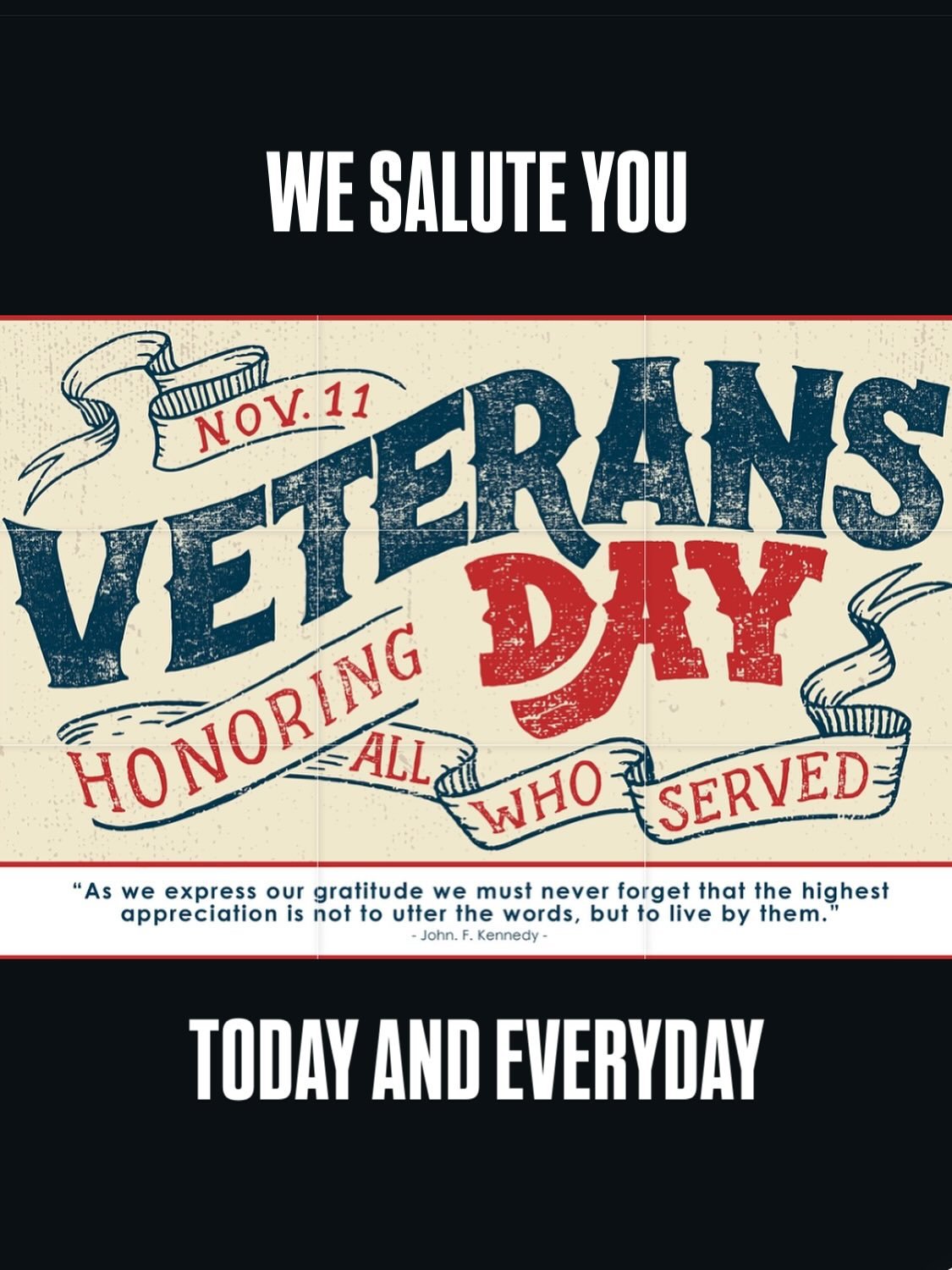 🇺🇸HAPPY VETERANS DAY🇺🇸
Today and each day we appreciate and salute the women and men who have served our United States of America Military. 
All branches. 
All forces. 
All Troops. 
Thank you for your bravery, your sacrifices and investing your h