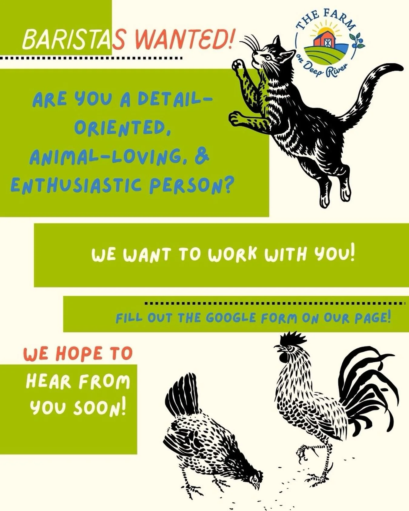 Hay there!
We are looking for some new baristas at our happy farm! ❤️

Give us a peep🐥 on the google form linked in our Instagram bio, we&rsquo;re so EGGcited to hear from you! ☺️🥚