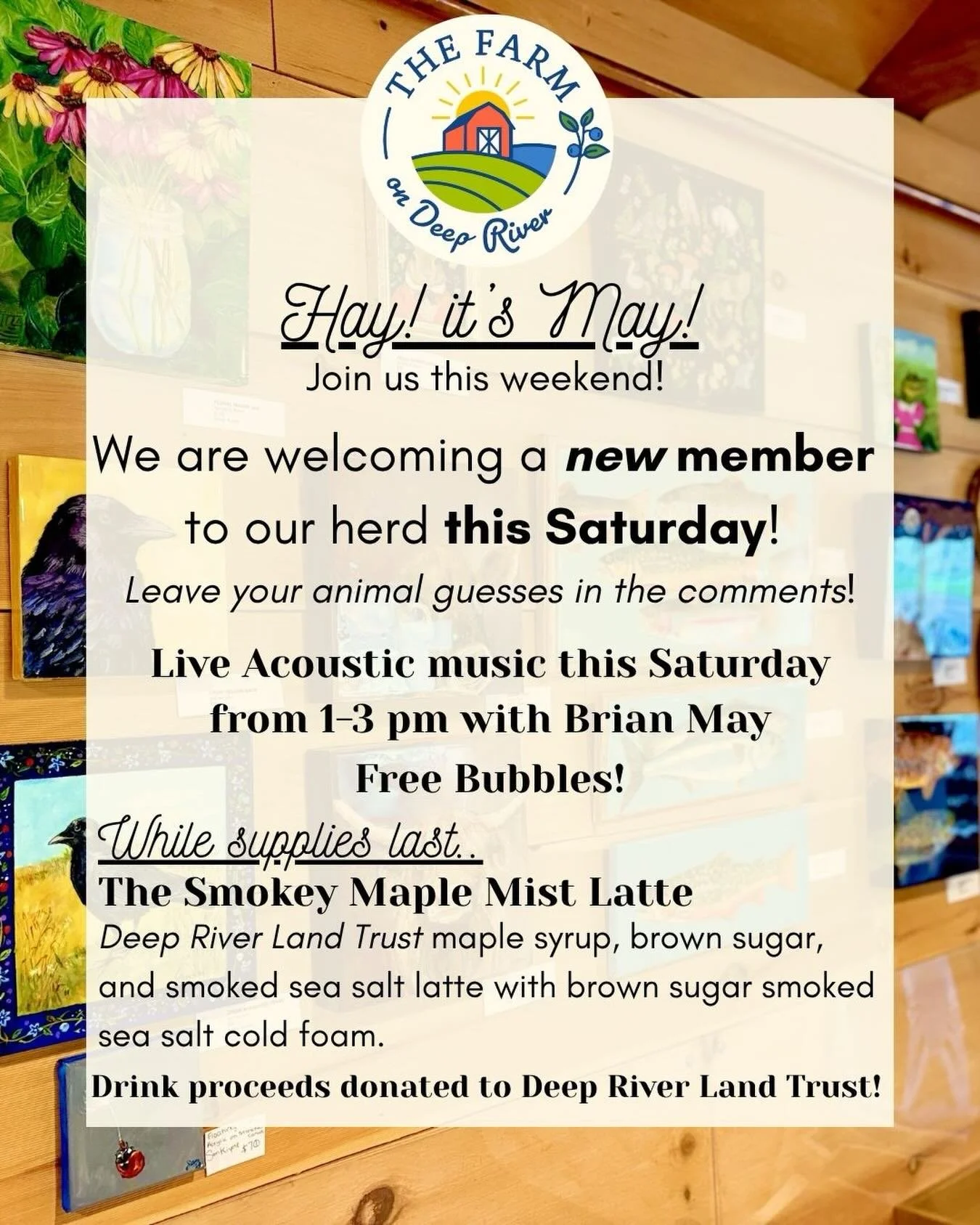 Hay! it&rsquo;s (almost) May!💐

Welcome the new month AND our newest furry family addition with us! 🙈🤍

We will have live acoustic music from Brian May, free bubbles, and a special drink while supplies last!🫧🌸🎶

Our Smokey Maple Mist Latte is m