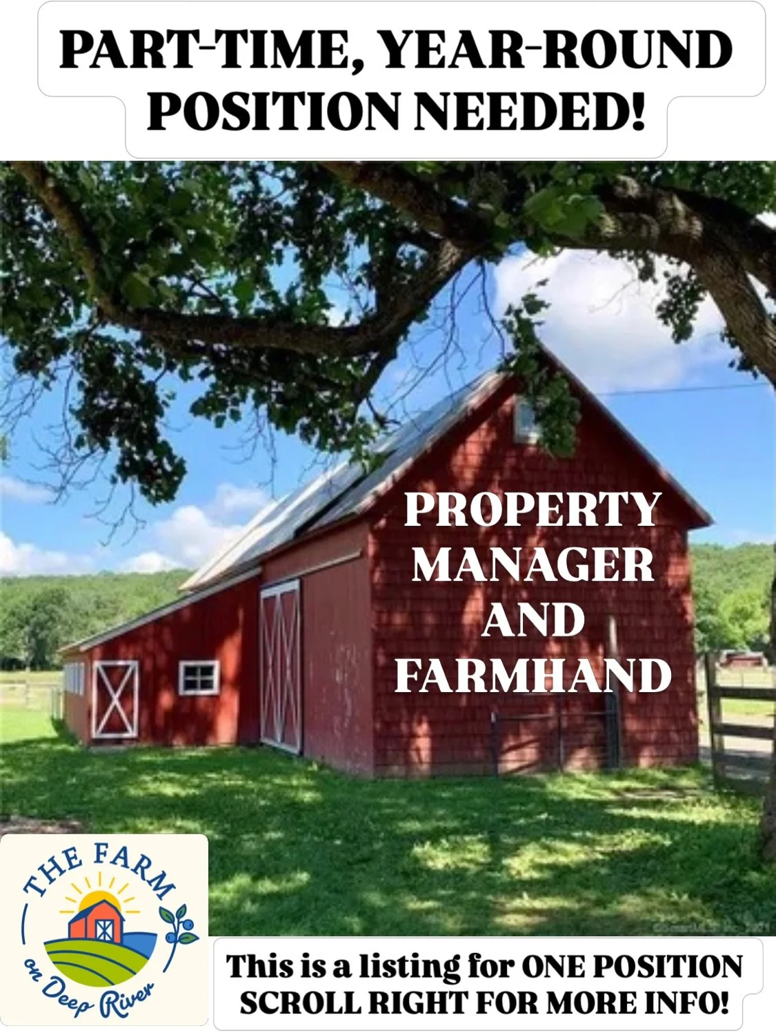 💥PART-TIME, YEAR-ROUND POSITION NEEDED💥 
We&rsquo;re looking for a Property Manager/Farmhand here at The Farm! 
This job post is for ONE POSITION.  It is PART-TIME, but also YEAR-ROUND! 
Scroll right for full job description. 
With this being our f