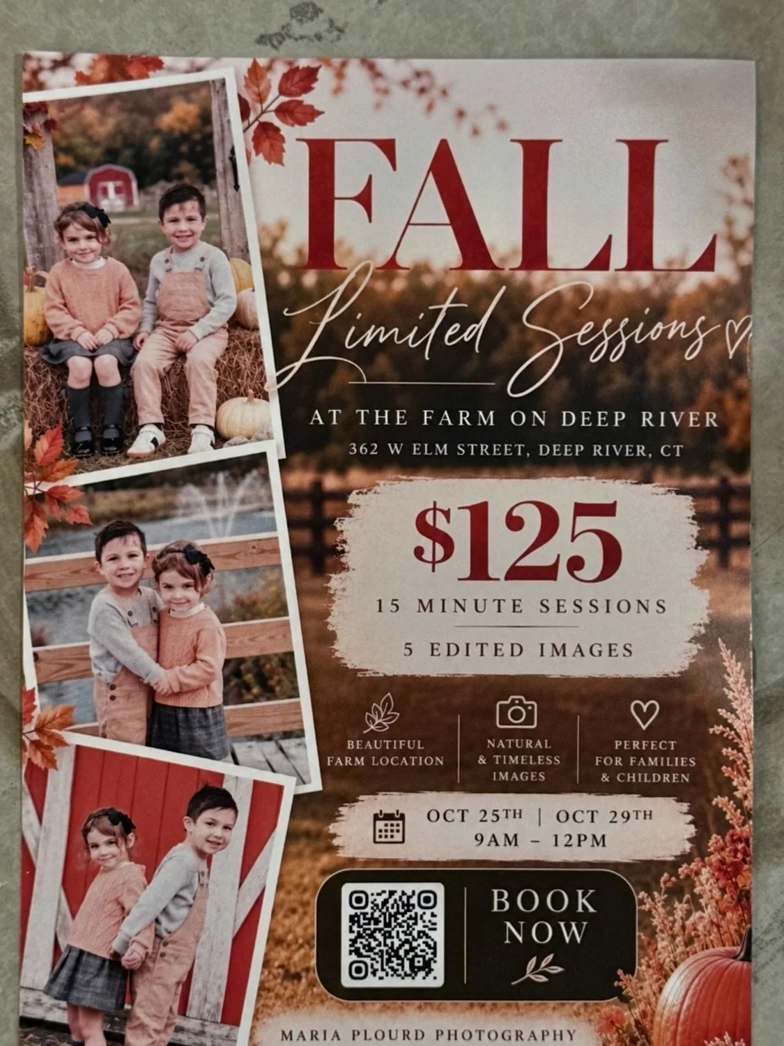 📸THIS SUNDAY, October 25th ! And Thursday, October 29th! 
There&rsquo;s still some time slots left for a QUICK, EASY &amp; BEAUTIFUL professional photo session with @mariaplourdphotography at @thefarmondeepriver! 
GET YOUR FAMILY PORTRAITS &amp; HOL
