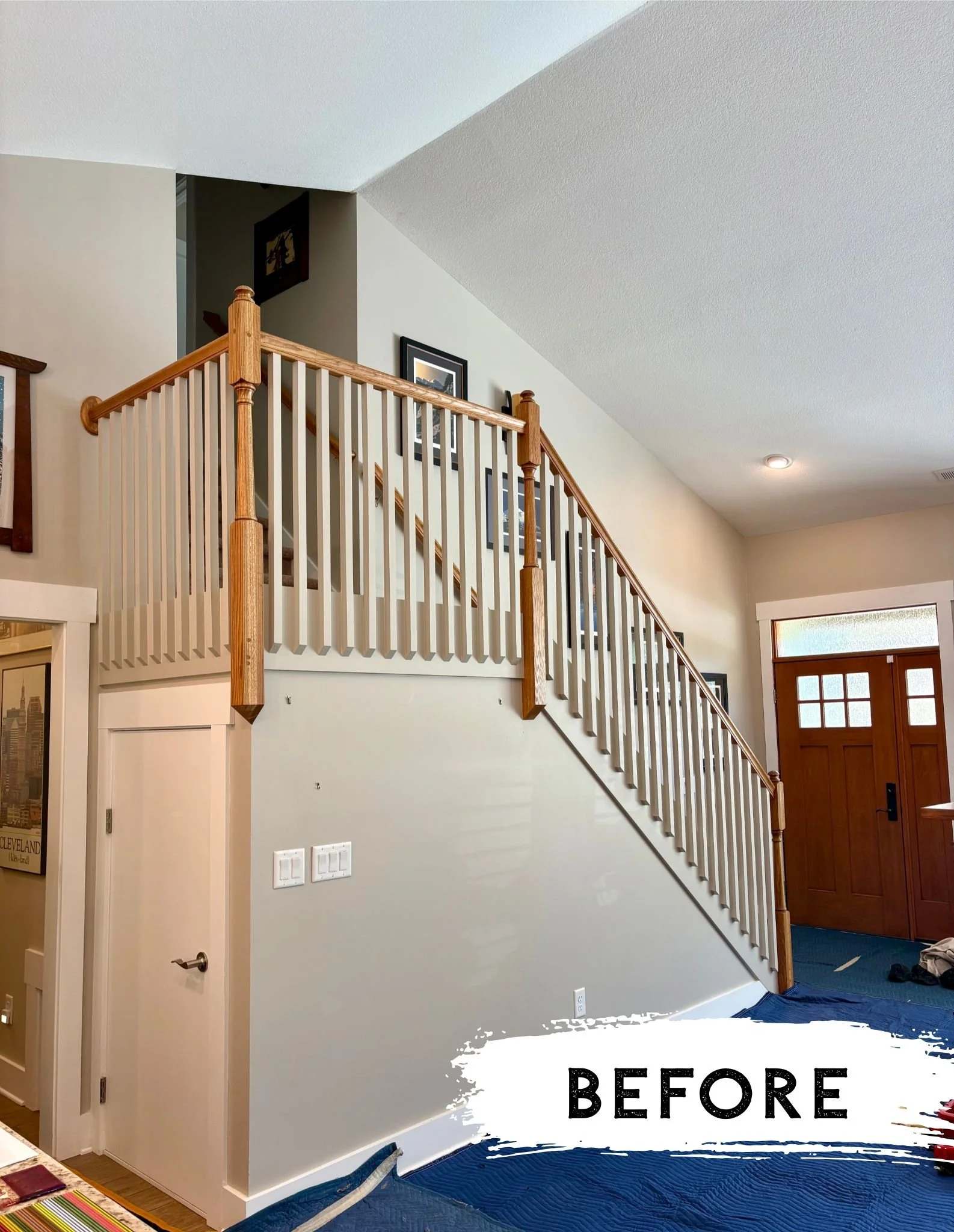 Before picture of original staircase  with builder grade finish