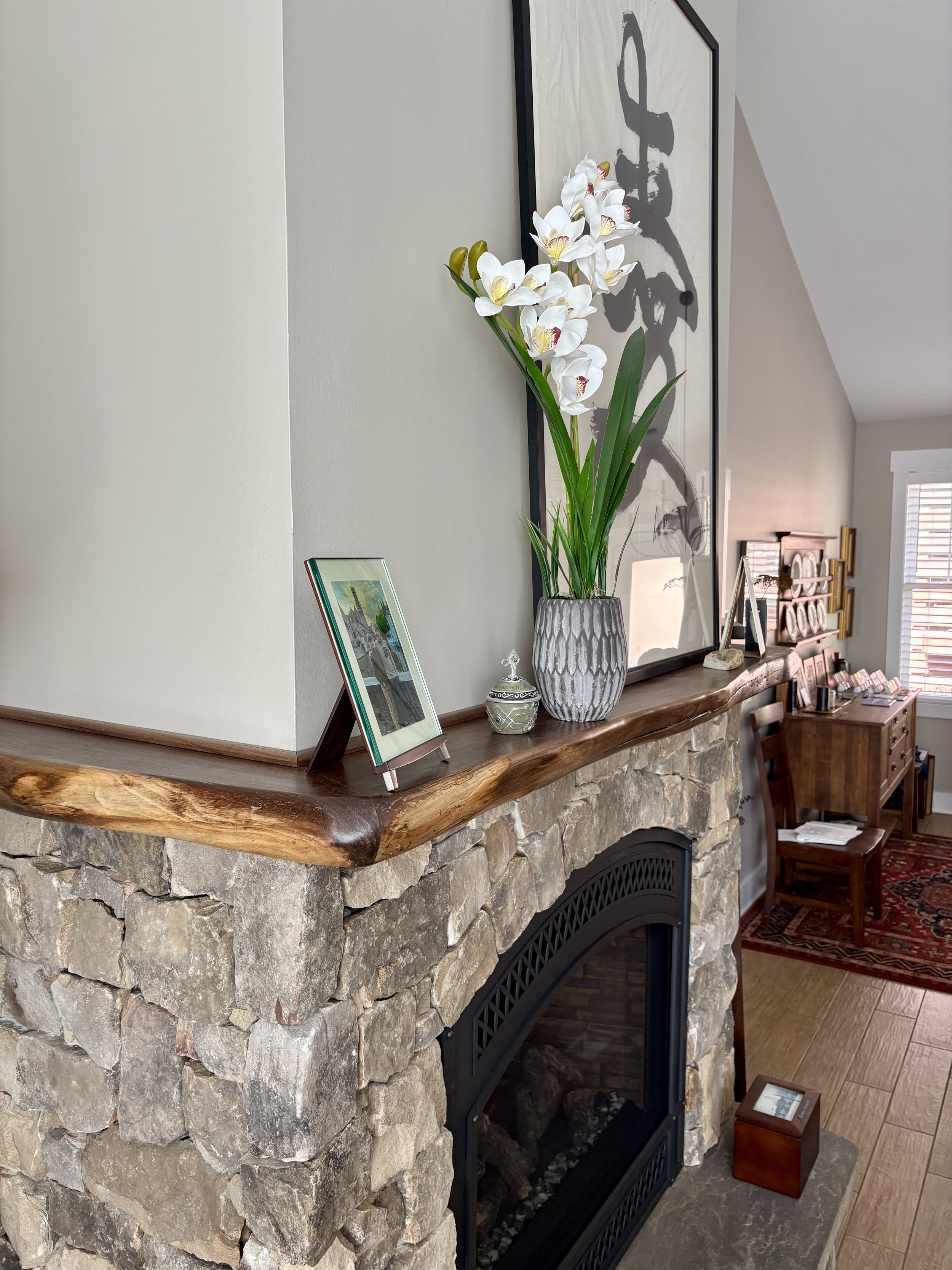 walnut wrap wood mantel by Timber and Stone