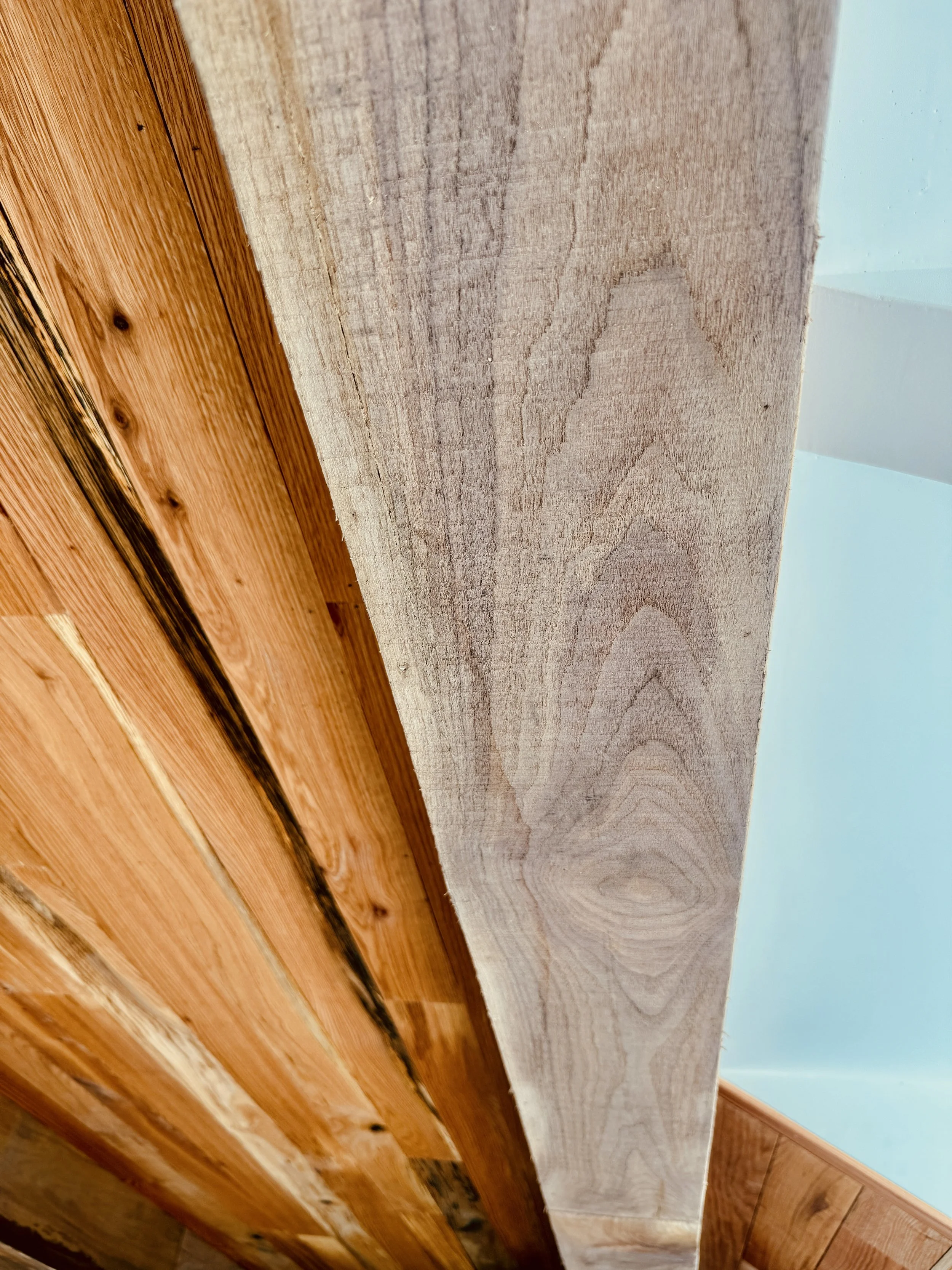 red oak and unstained walnut clad beams