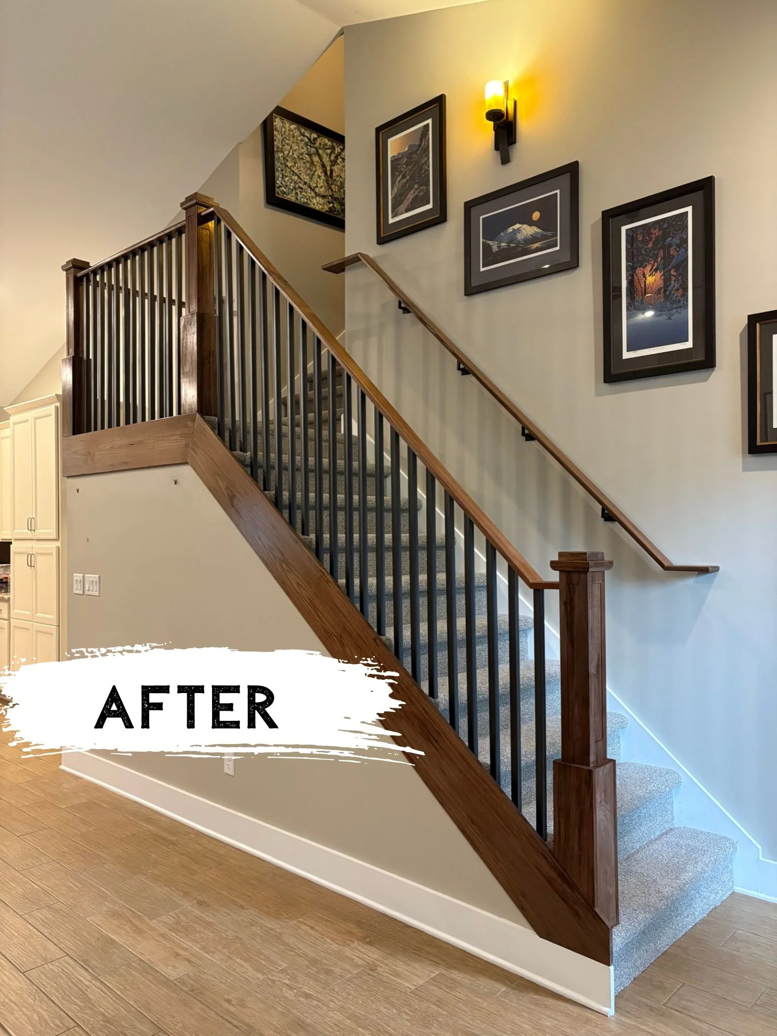 After picture of renovated staircase by Timber and Stone Fine Carpentry in walnut and metal.