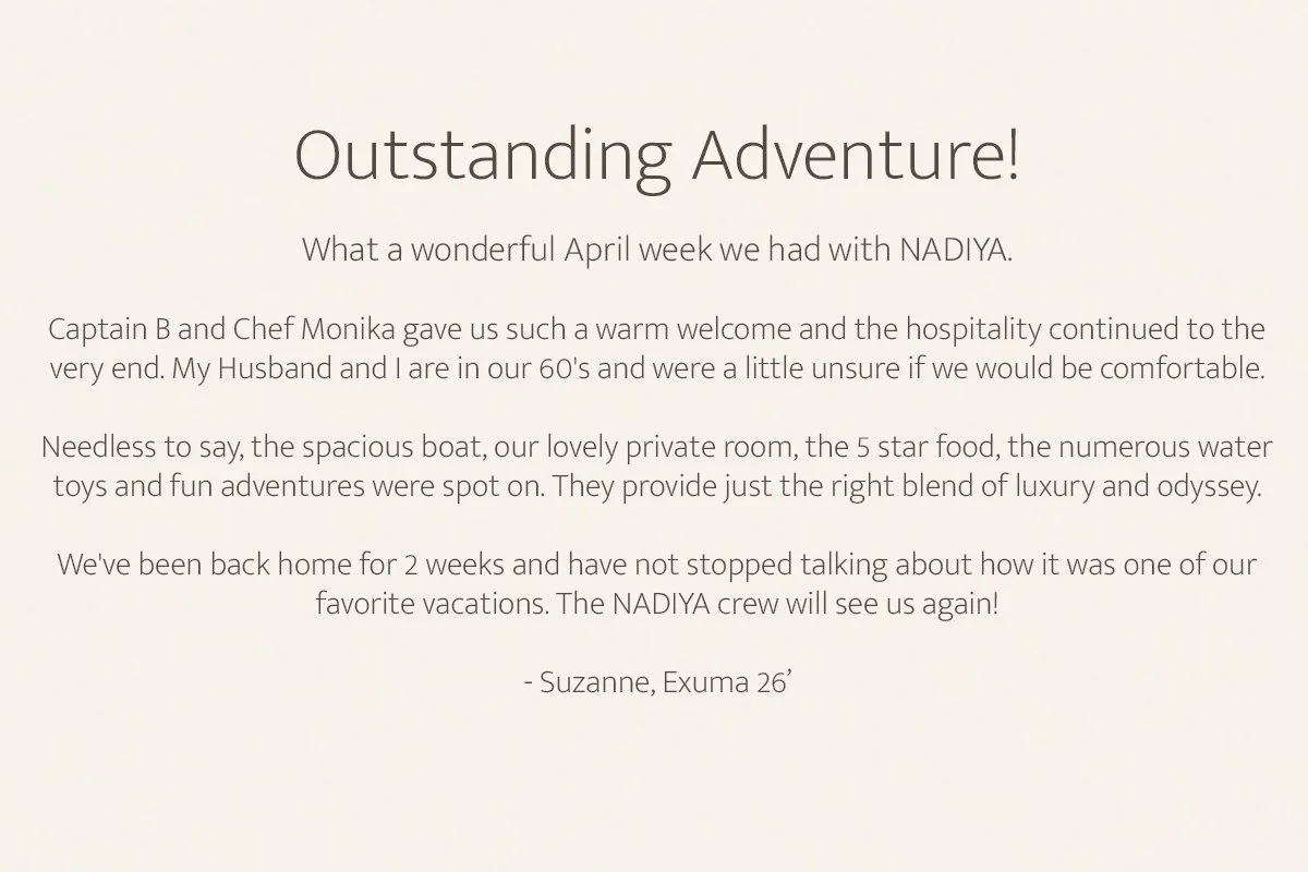 Outstanding Adventure!   What a wonderful April week we had with NADIYA.   Capt B and Monika gave us such a warm welcome and the hospitality continued to the very end. My Husband and I are in our 60's and were a little unsure if we would be comfortab