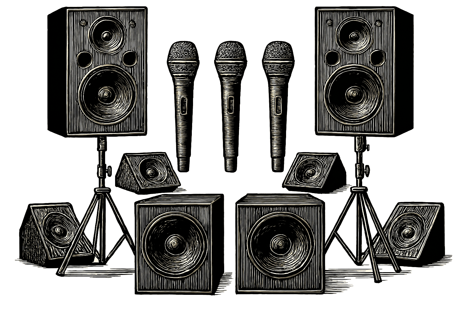 Outline drawing of a sound system setup with two large speakers on stands, three microphones in the center, and four smaller speakers or monitors arranged on the floor and stands.
