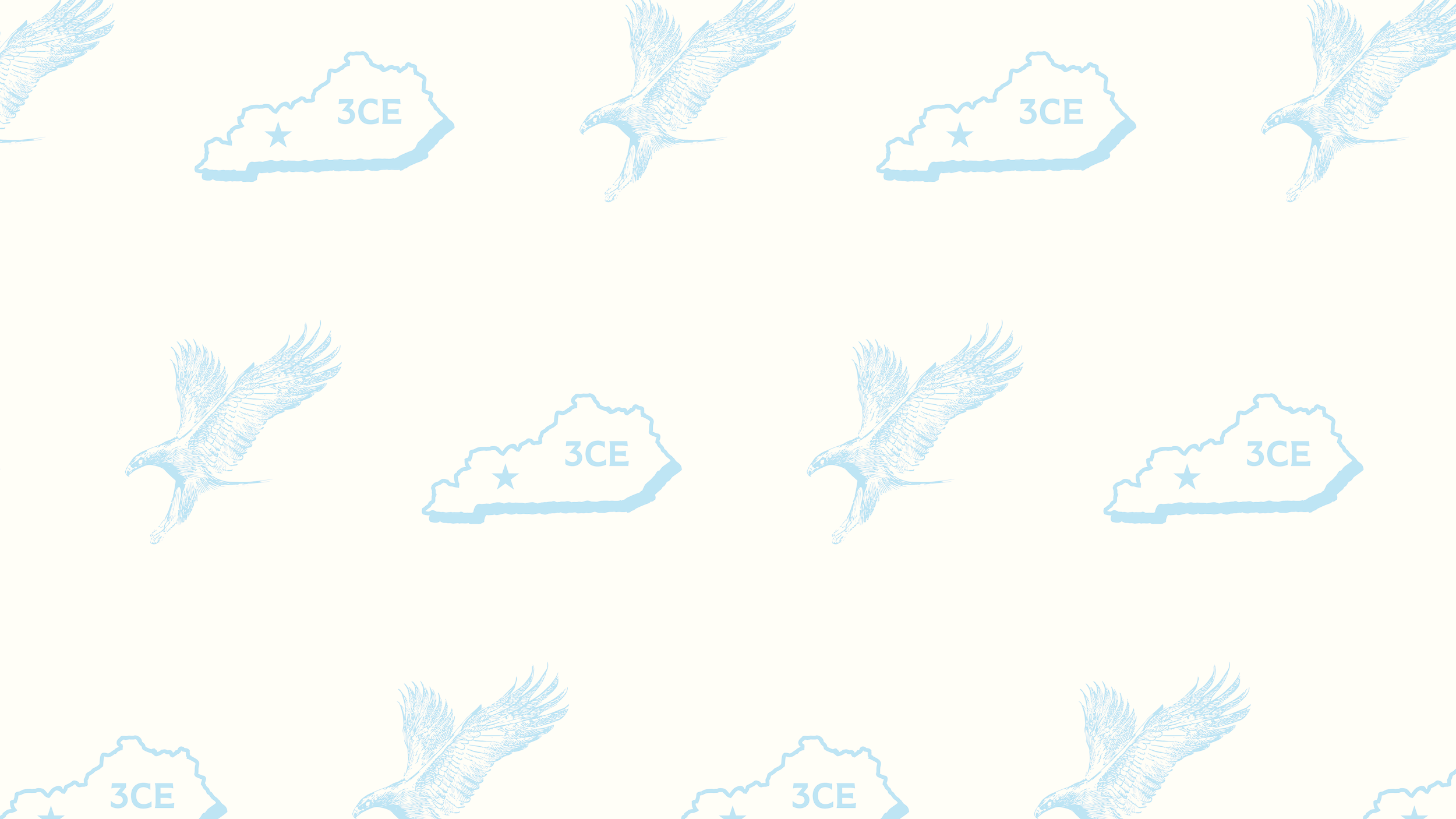 Repeating pattern of a watermarked Kentucky state outline with '3CE' and a star, alternating with a blue bird illustration in flight against a light background.