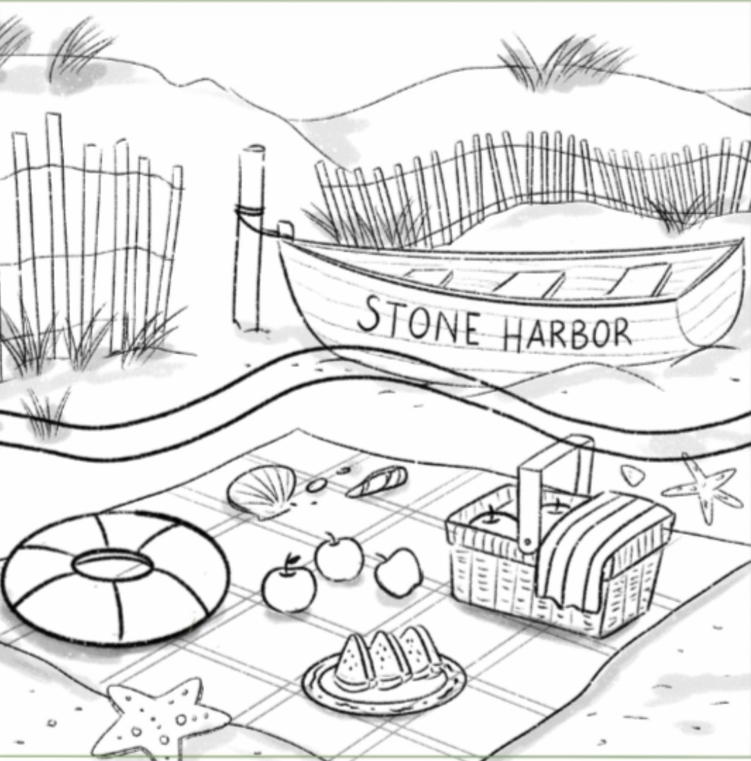 Black and white printable coloring page of a Stone Harbor beach scene with a boat, picnic, blanket, snacks, and a seaside details for children to color.