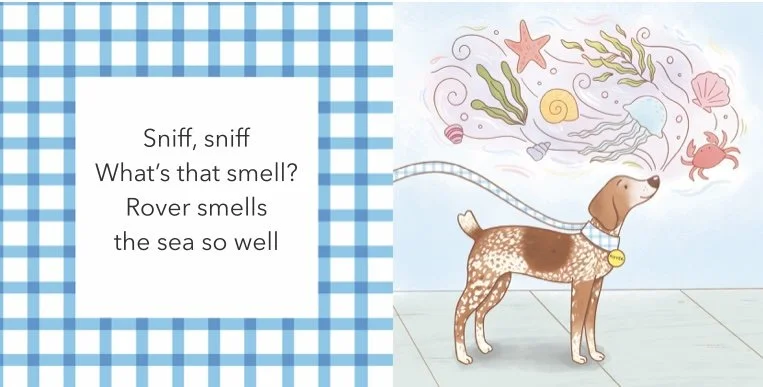 Children's board book cover for Rover Goes to Stone Harbor featuring a seaside adventure with Rover, a German Shorthaired Pointer, in Stone Harbor, New Jersey.