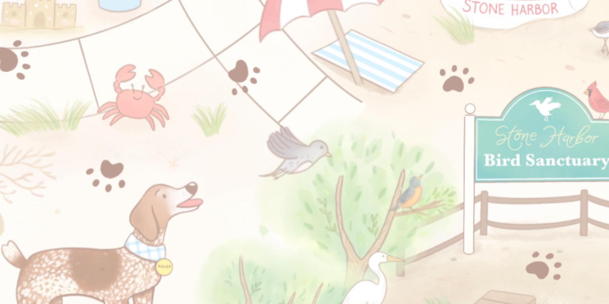 Illustration of Rover, a curious, German Shorthaired Pointer , exploring the Stone Harbor Bird Sanctuary, with birds, paw prints, and beach elements in a soft pastel style.
