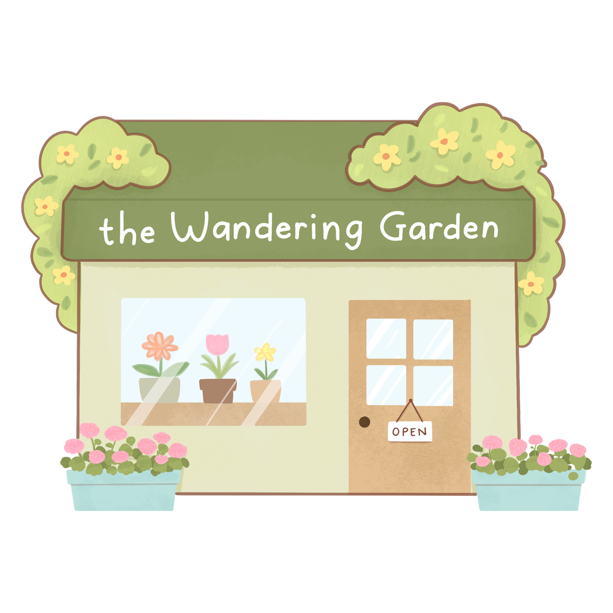 A pastel-colored illustration of a flower shop called 'the Wandering Garden' with a green signboard, a window displaying potted flowers, and two large planters with pink flowers outside. The shop has a wooden door with an 'OPEN' sign.