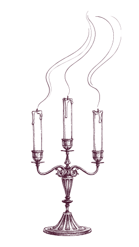 A vintage candelabrum with three lit candles and flowing smoke.