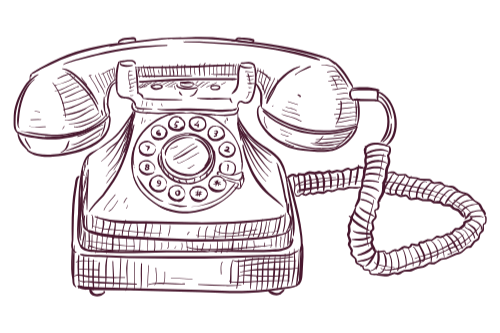 Line drawing of a vintage rotary telephone with a cord attached to the handset.