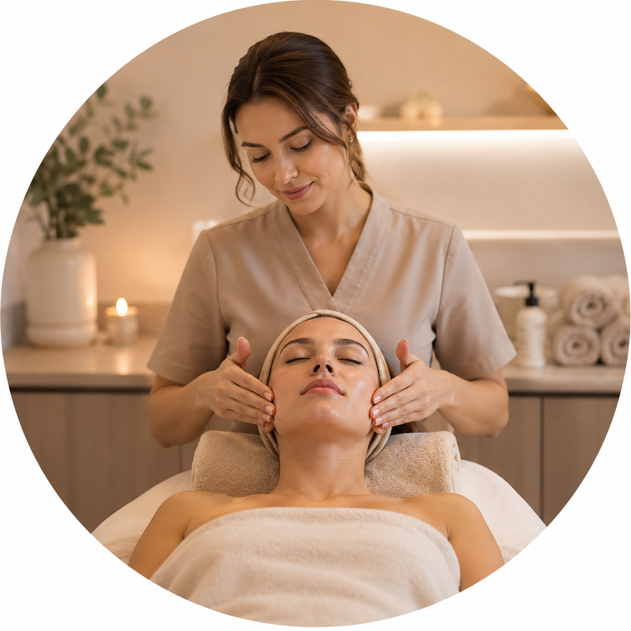 A woman receiving a facial massage from a spa therapist in a relaxing spa setting.