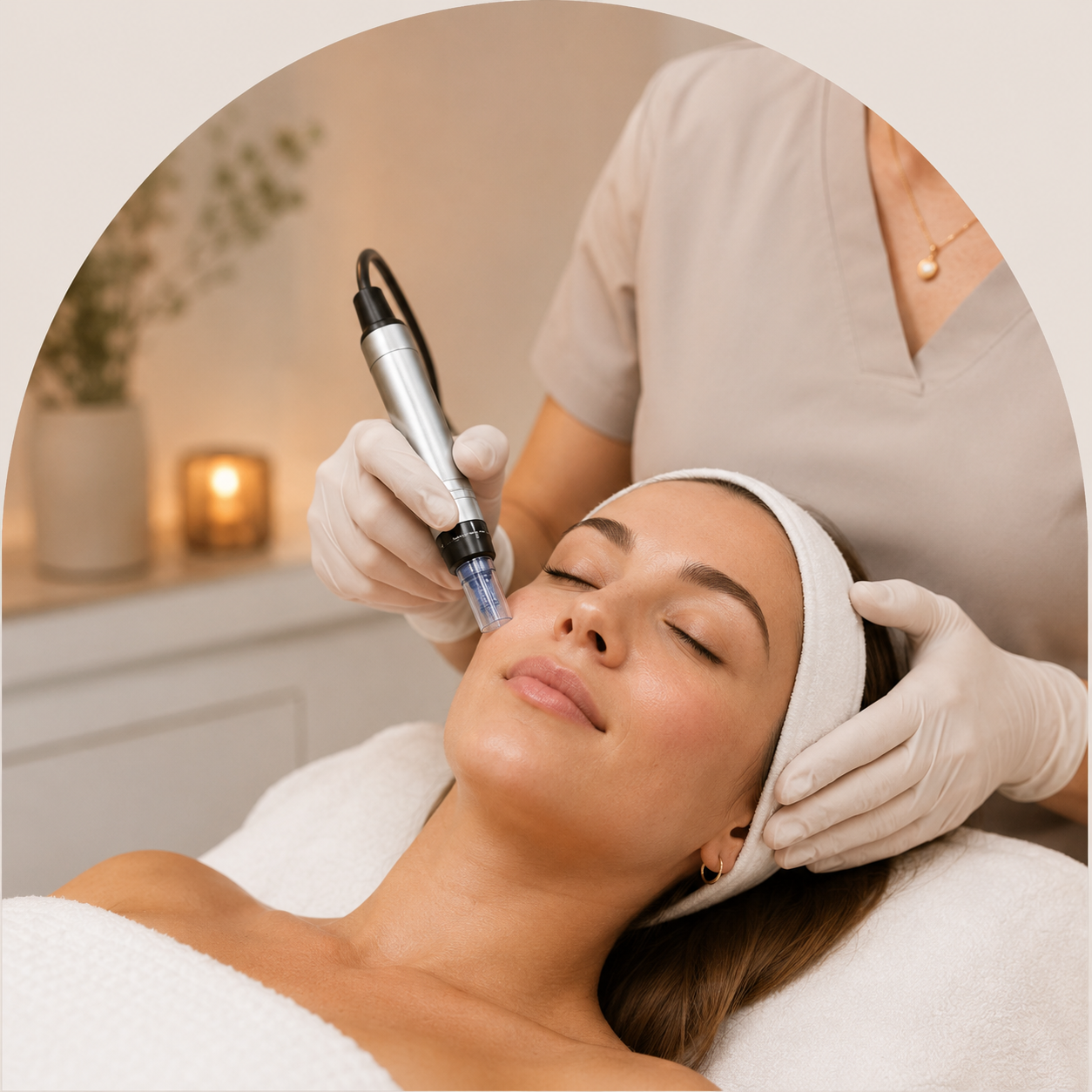 A woman receiving a facial treatment with a professional using a handheld device on her face in a spa setting.
