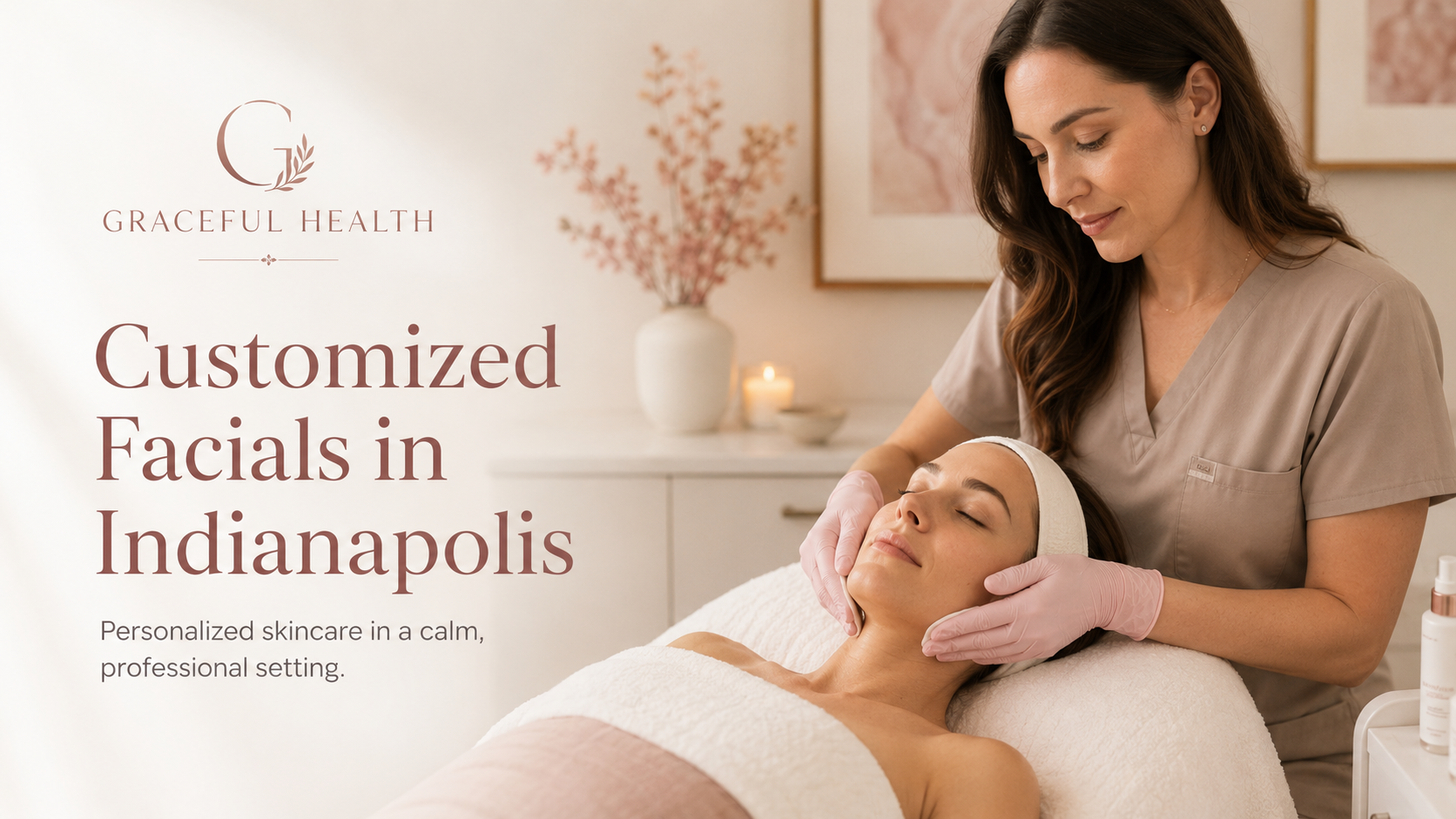 A woman receiving facial skincare treatment from a professional in a spa or clinic setting. The professional is gently massaging the woman's face, who appears relaxed and comfortable, with a calm ambiance in the background.