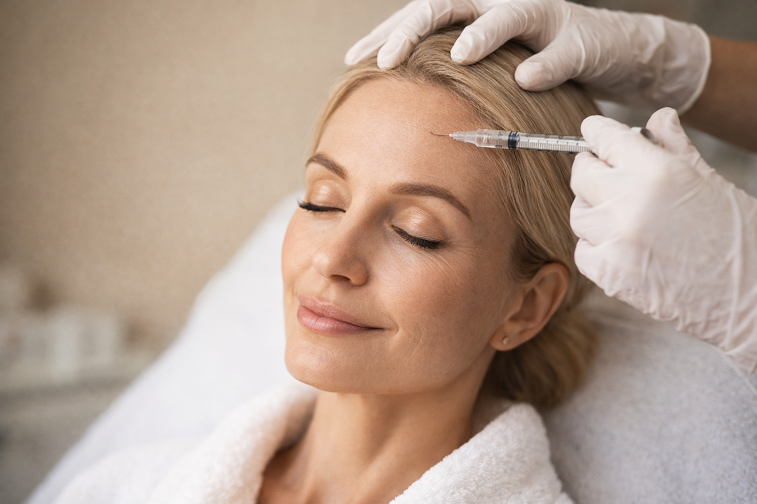 A woman receiving a cosmetic injection in her forehead from a healthcare professional wearing white gloves.