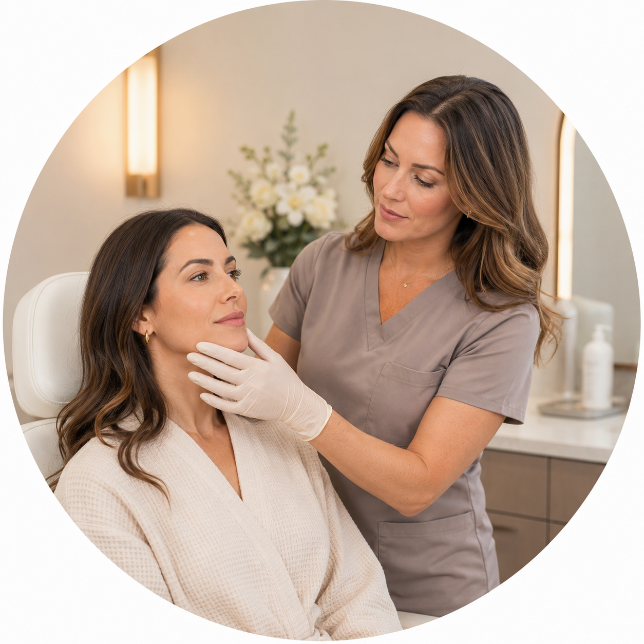 A woman in a treatment room receiving a cosmetic consultation from a healthcare professional, with a vase of flowers and skincare products in the background.