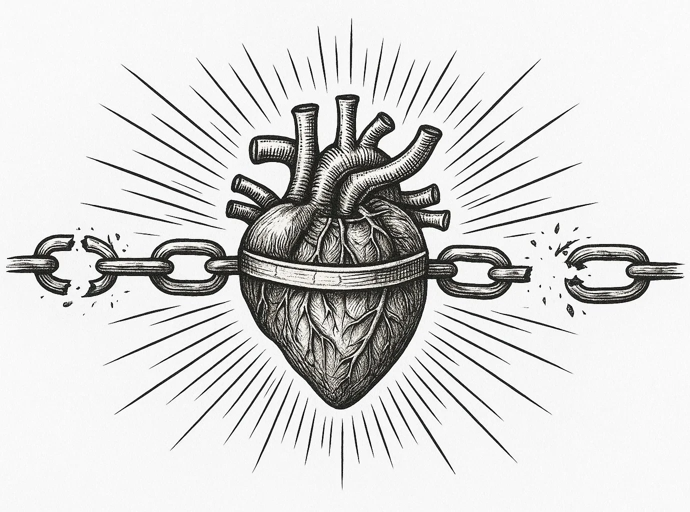 A black and white illustration of a human heart with a chain wrapped around it, with a broken link on each side, and lines radiating outward from the heart.