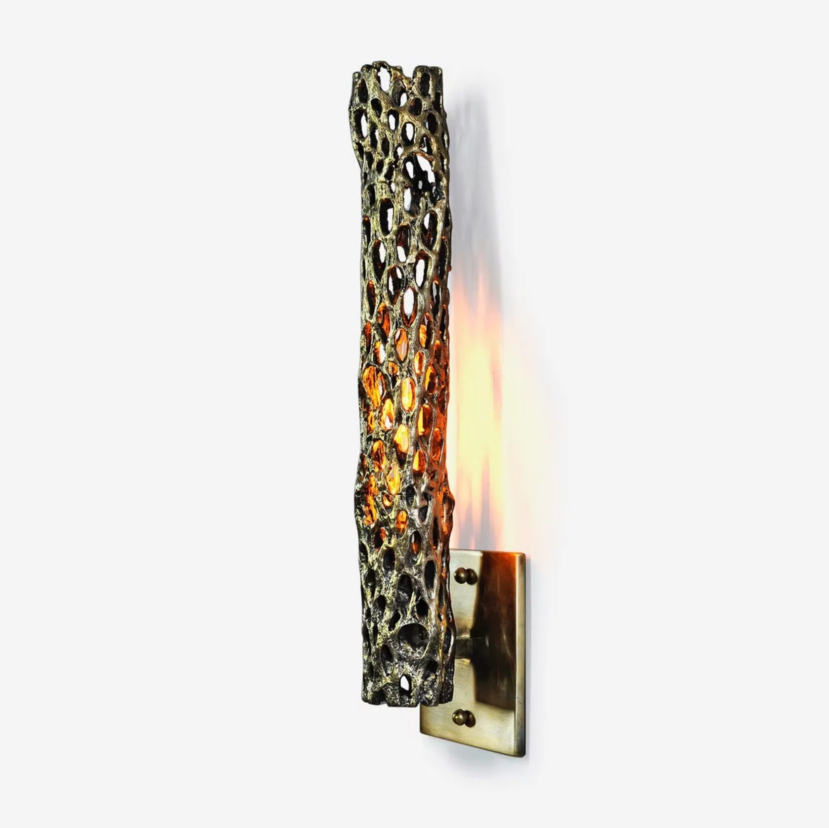 Wall-mounted modern sconce with a black openwork metal shade and warm light