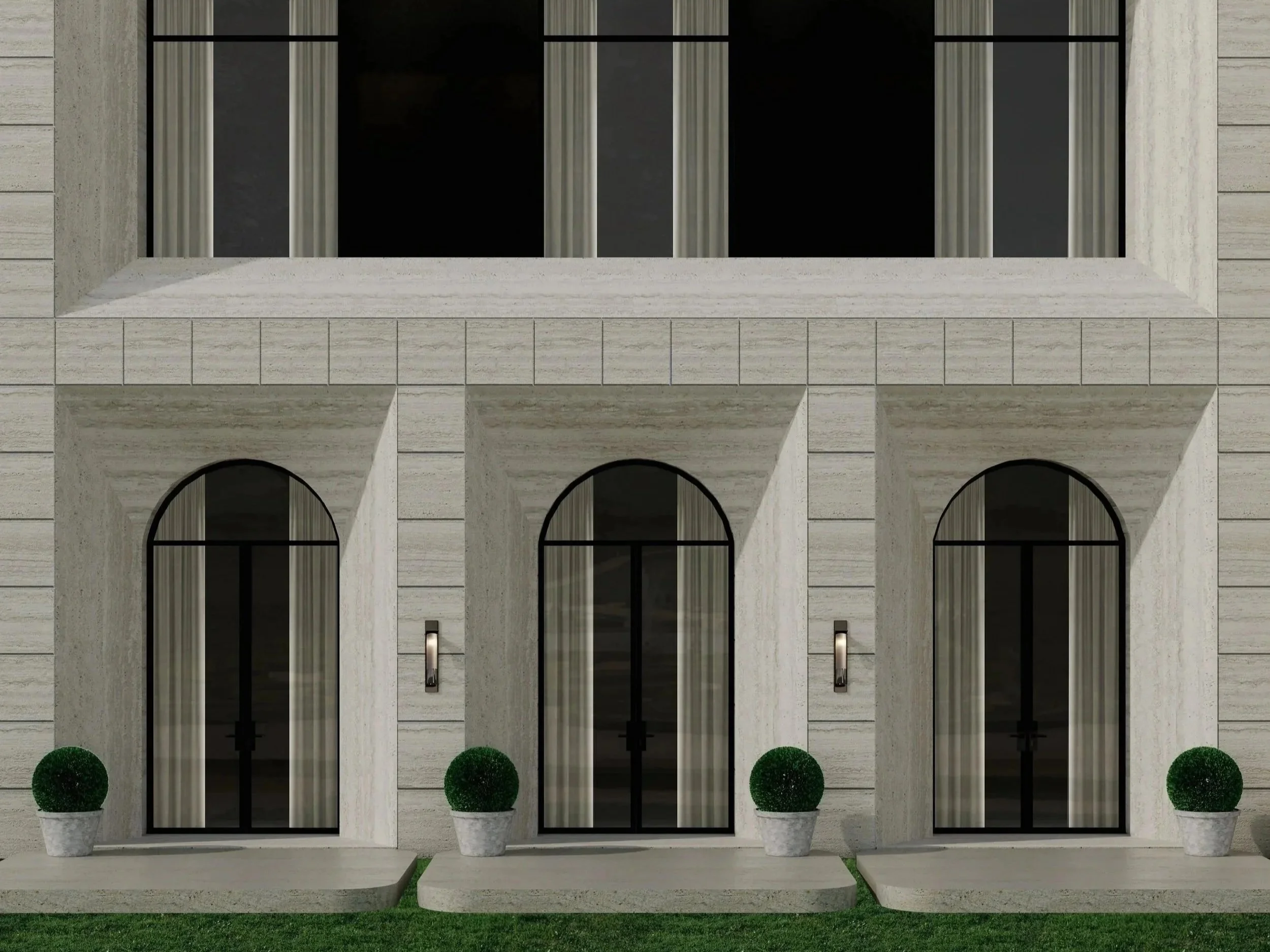 Modern building facade with three arched glass doors and potted topiary plants on a grassy area.