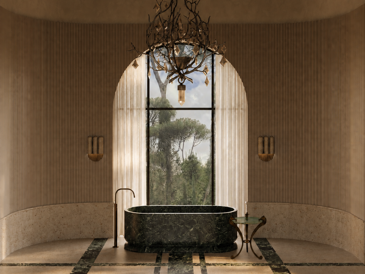 Luxurious bathroom with a black marble bathtub positioned in front of a large arched window showing trees outside. The room has beige walls with vertical wood paneling, a decorative chandelier hanging from the ceiling, and a small side table next to 