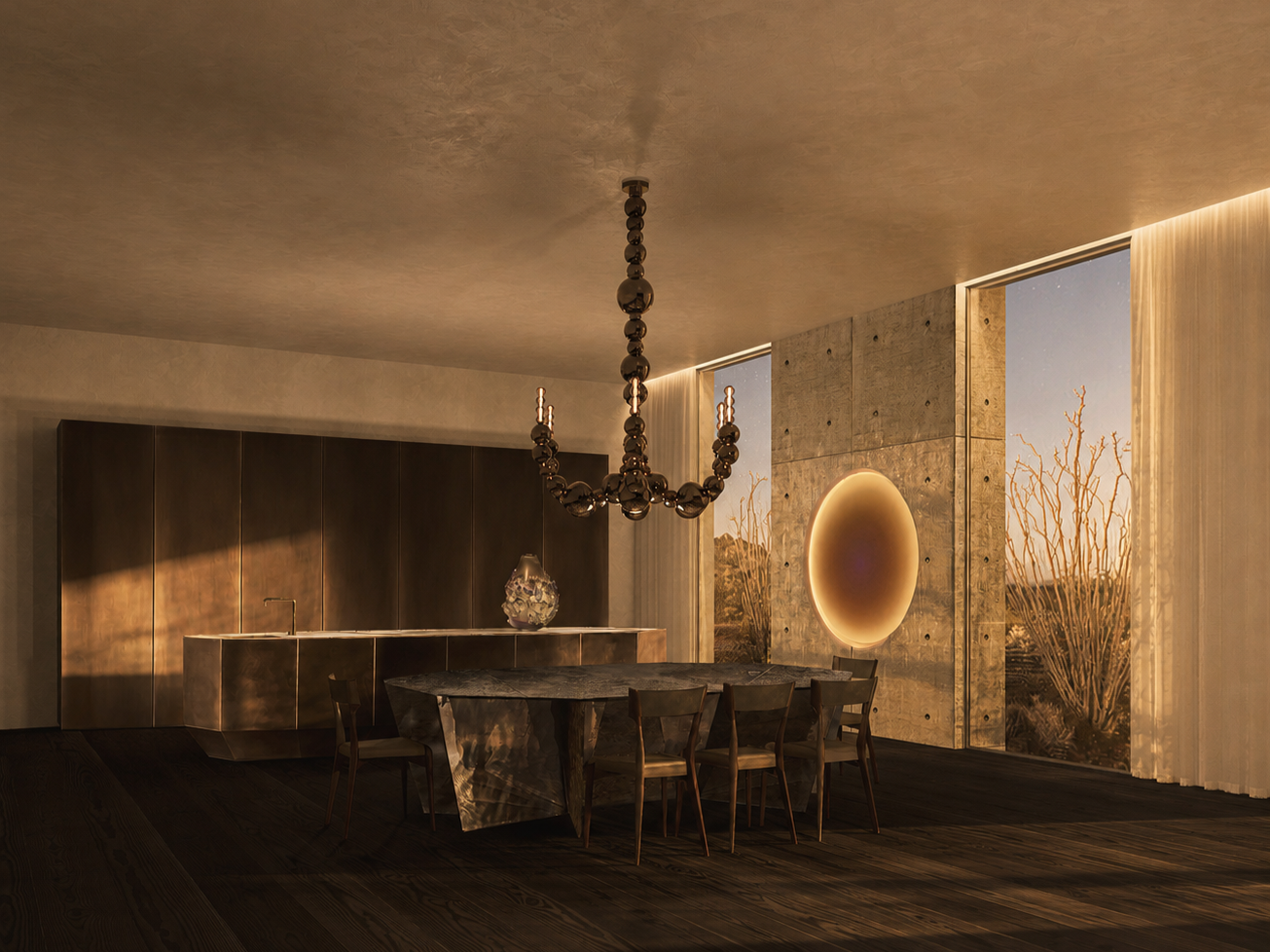 Modern dining room with dark wood table and chairs, large window with desert landscape, circular wall light, concrete wall, and chandelier.