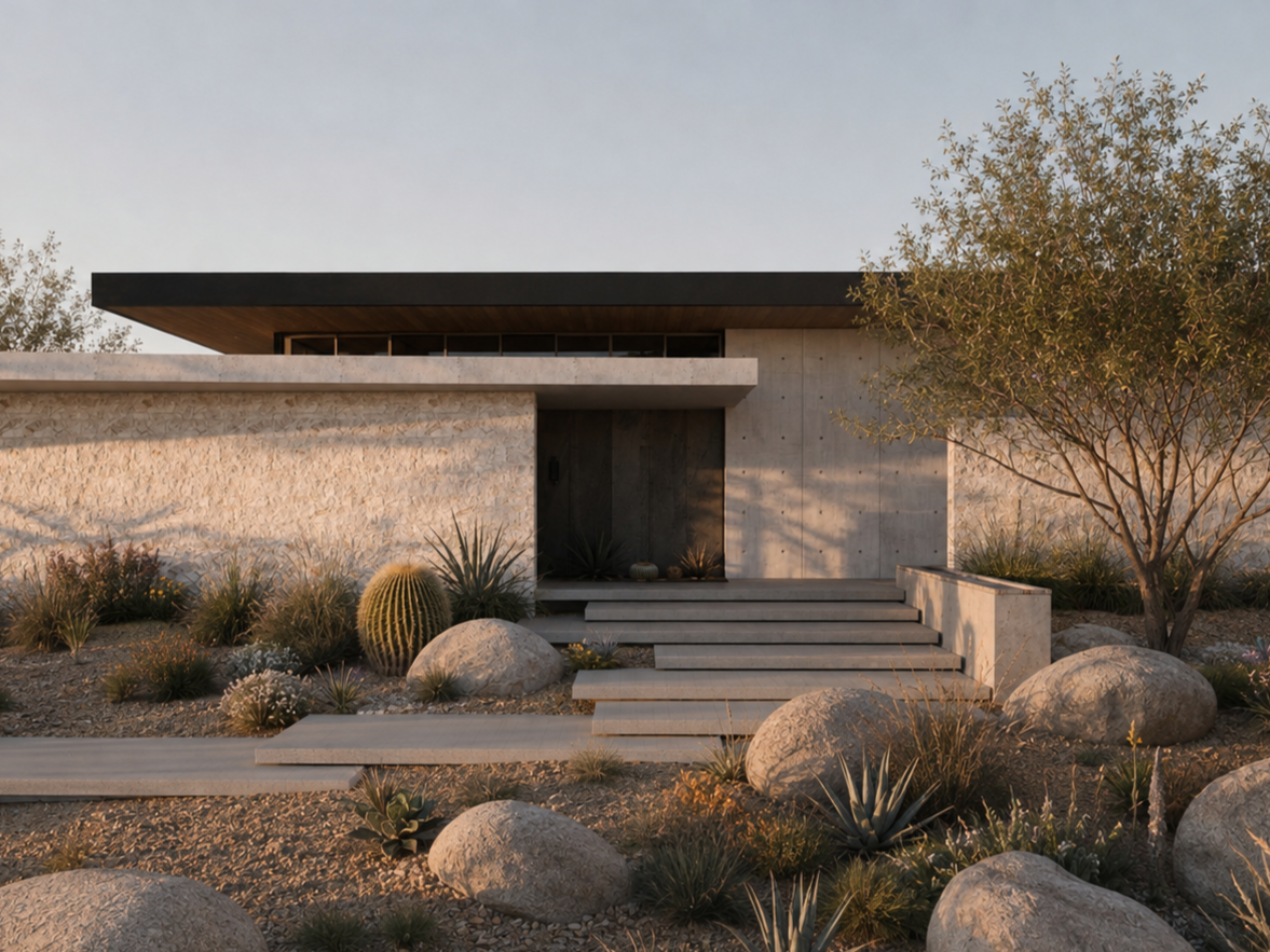 Modern house entrance with concrete stairs, surrounded by desert plants and large rocks, with a tree on the right, during sunset.