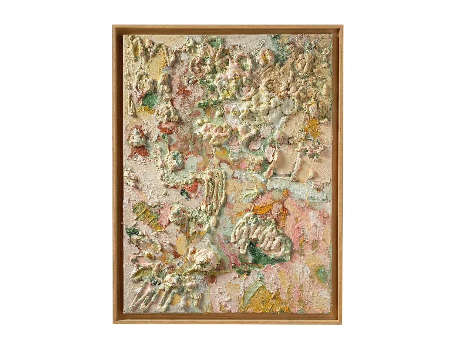 Abstract textured painting with pastel colors and floral shapes in a wooden frame.