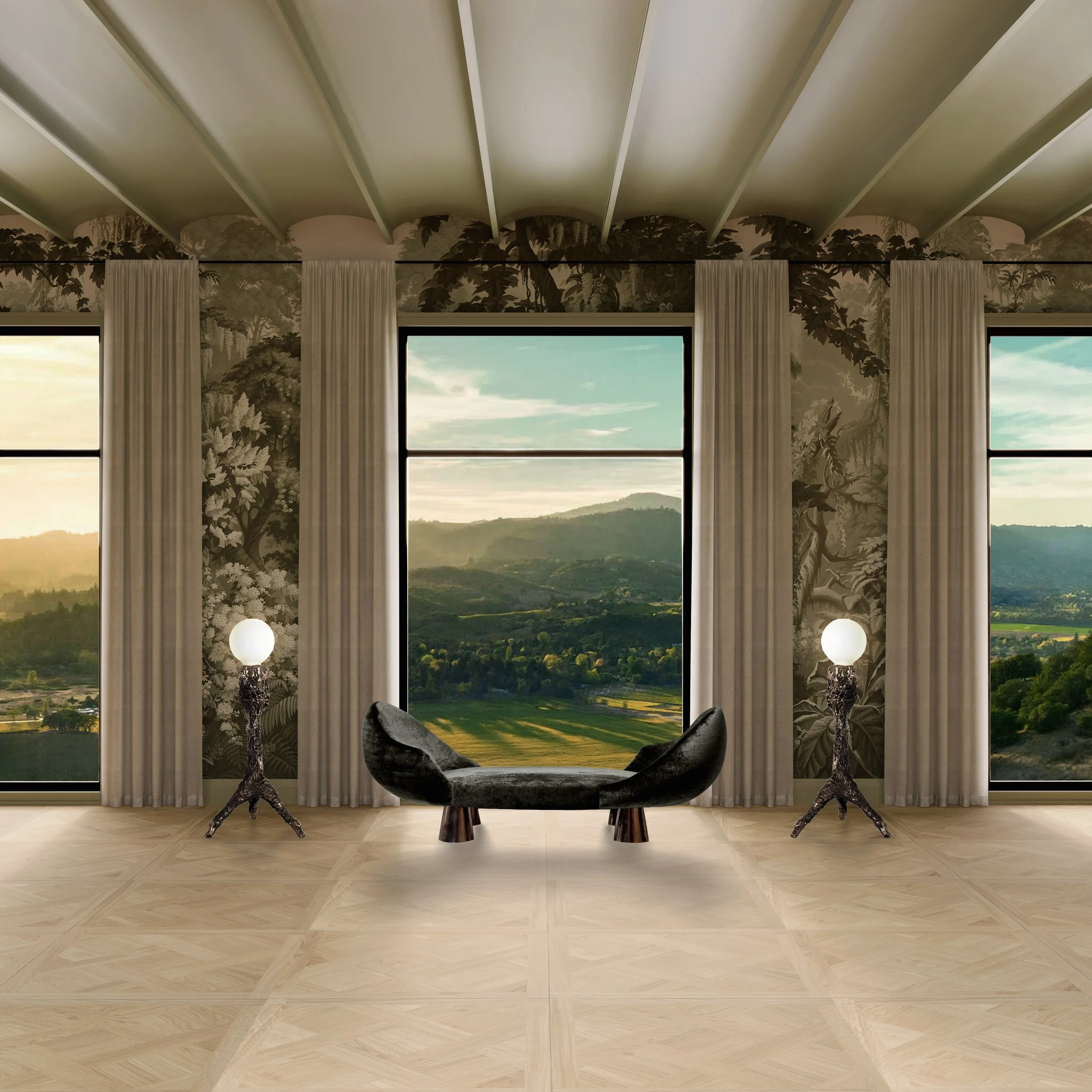 Interior of a room with large windows showing a scenic landscape of fields and mountains, a black sofa, and two matching floor lamps with round white bulbs.