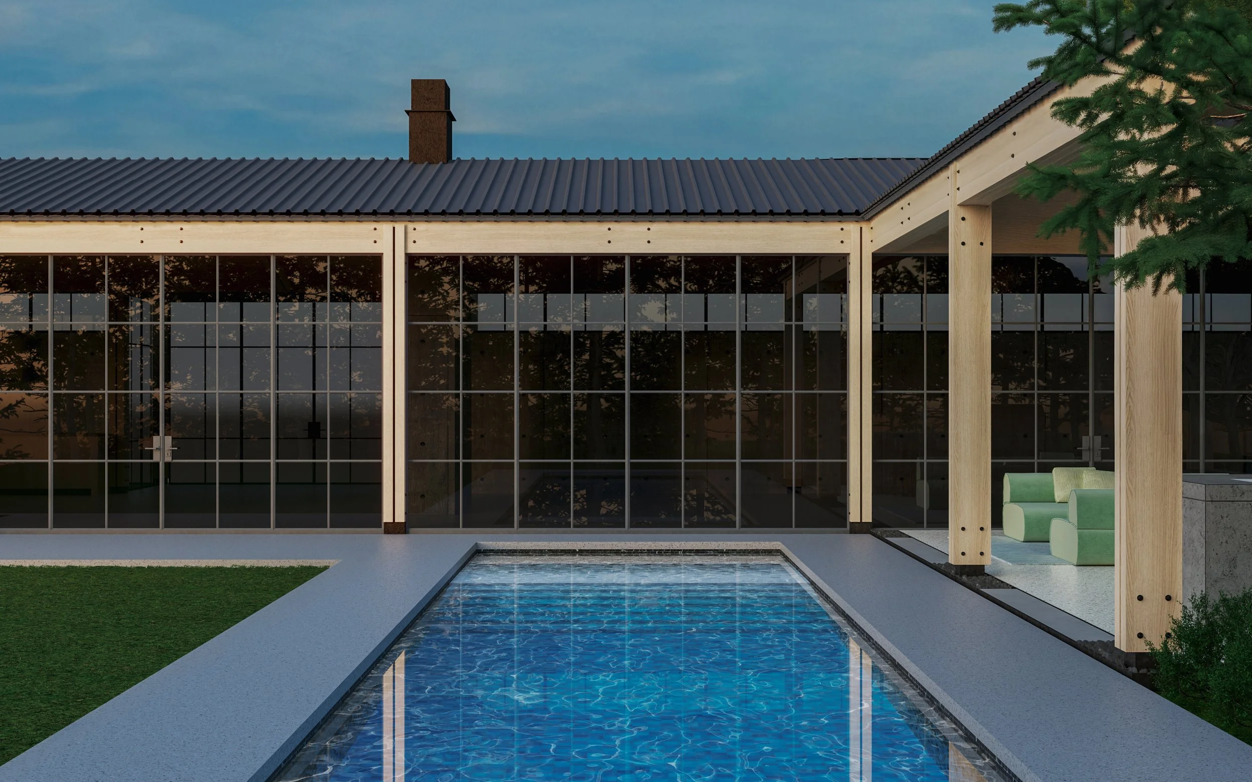 Modern house with large glass windows, a rooftop chimney, and a swimming pool in the backyard. Outdoor seating with green chairs is visible on the right side.