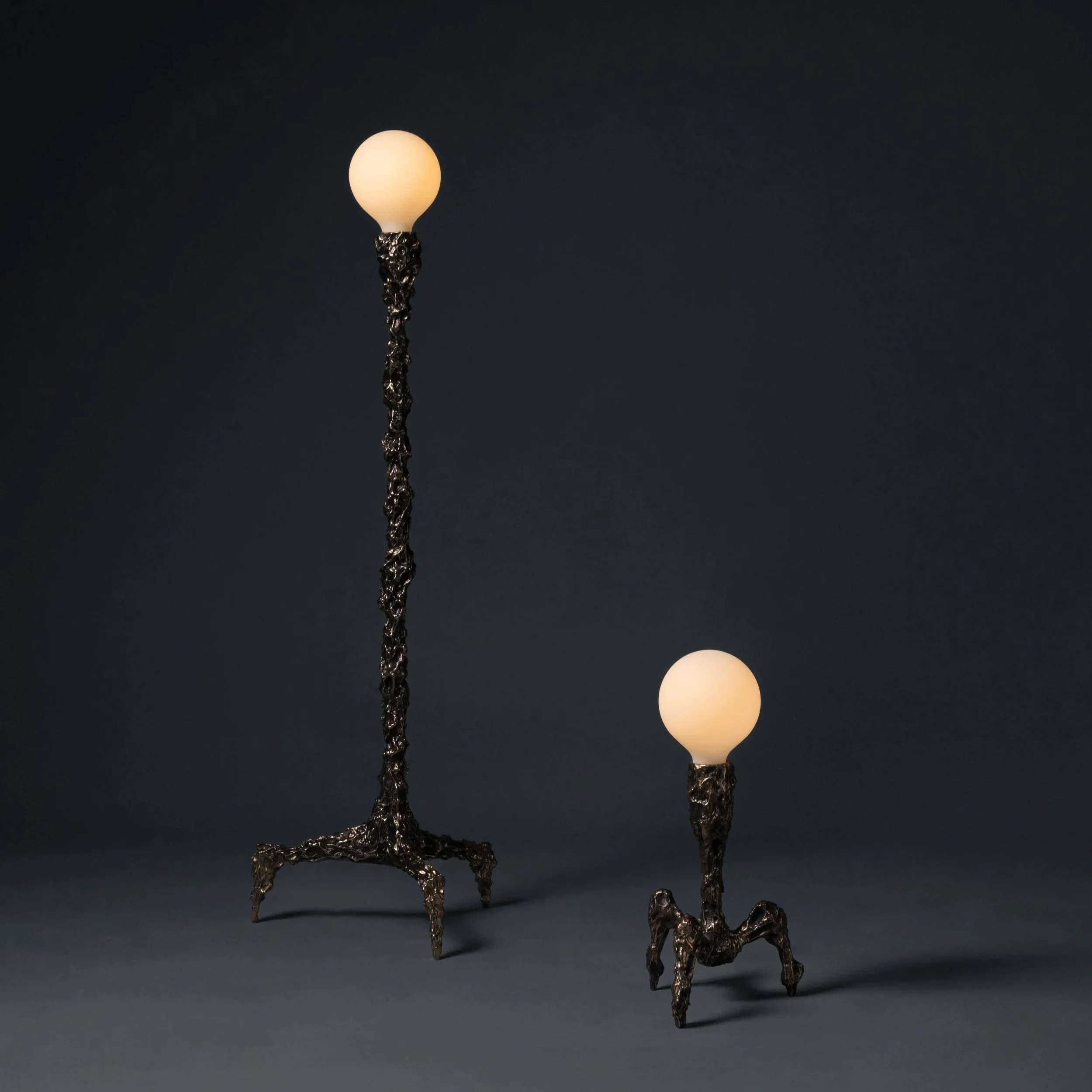 Two modern decorative lamps with black textured bases resembling abstract organic shapes and frosted glass globes, placed against a dark background.
