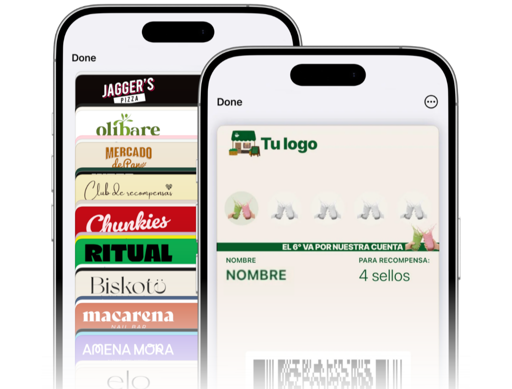 Pantalla de teléfono móvil mostrando un programa de recompensas con estampas y un código de barras, con varias opciones de tiendas o negocios en una lista y una plantilla de que parece una tarjeta de fidelidad o premio.