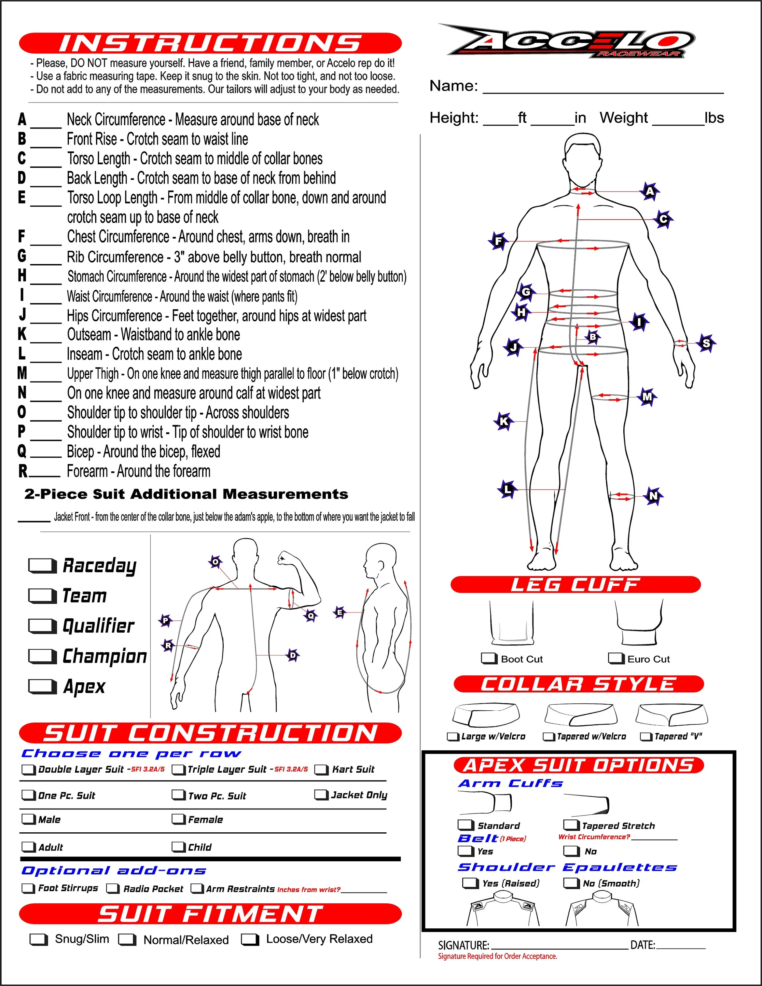 A detailed racewear measurement guide with a drawing of a human figure, showing various measurement points such as neck, chest, waist, hips, and limbs. The guide includes instructions and checkboxes for suit construction, fit, and optional add-ons, along with a section for size specifications and custom options like leg cuffs and collar style.