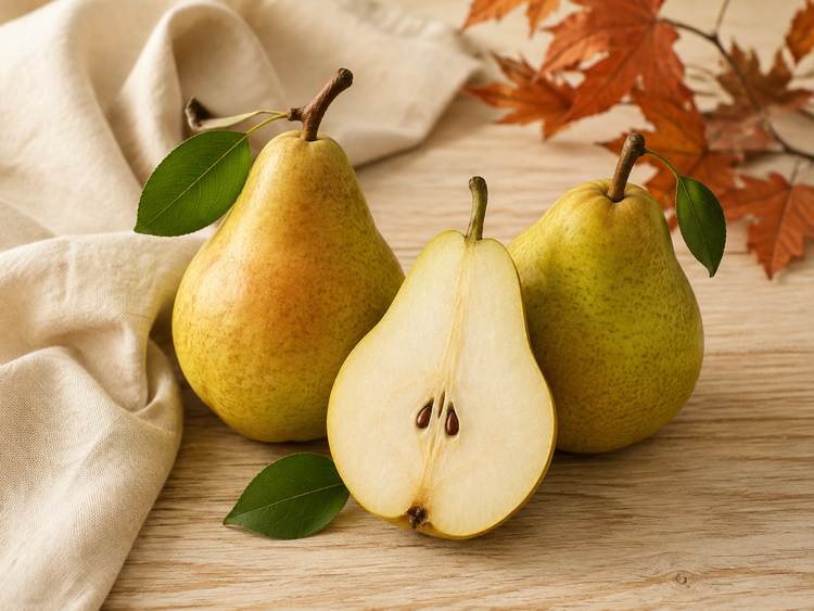 Whole and sliced ripe pears