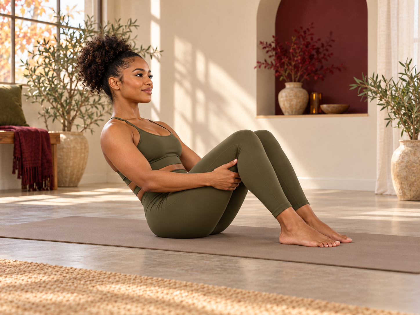 Black woman demonstrating supported Boat Pose with her feet grounded