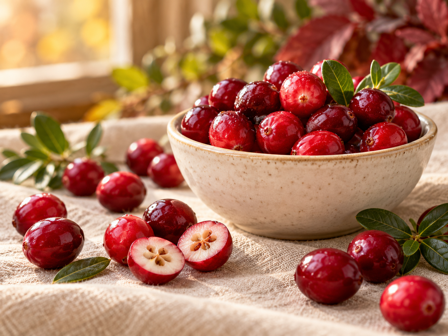 Fresh whole and cut cranberries