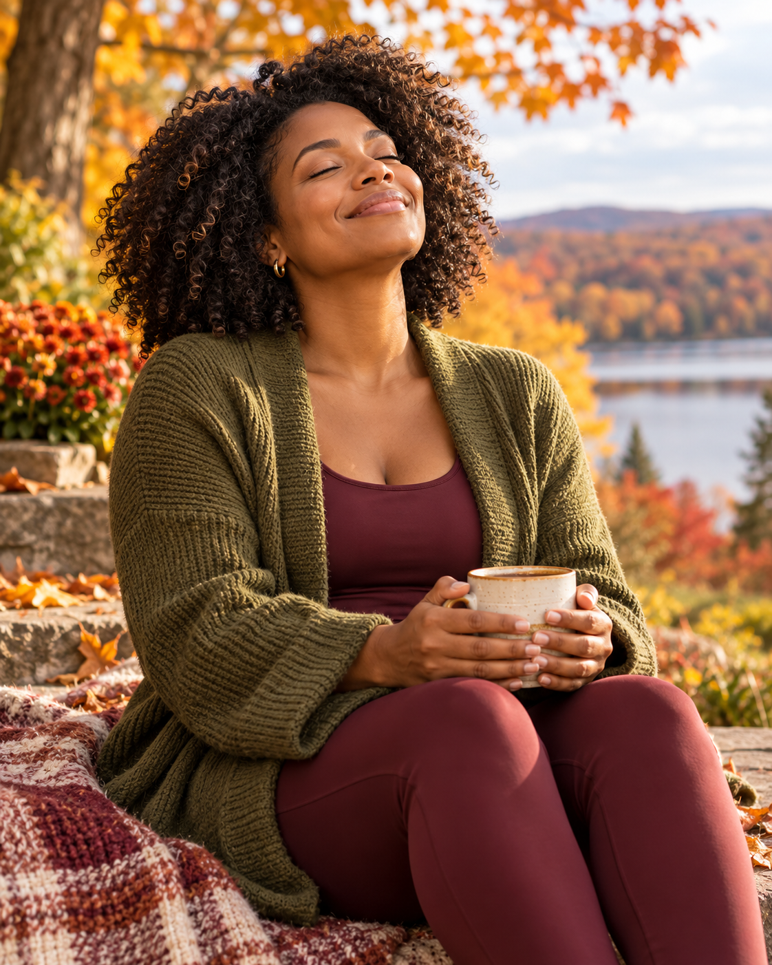 Black woman enjoying a peaceful autumn gratitude moment