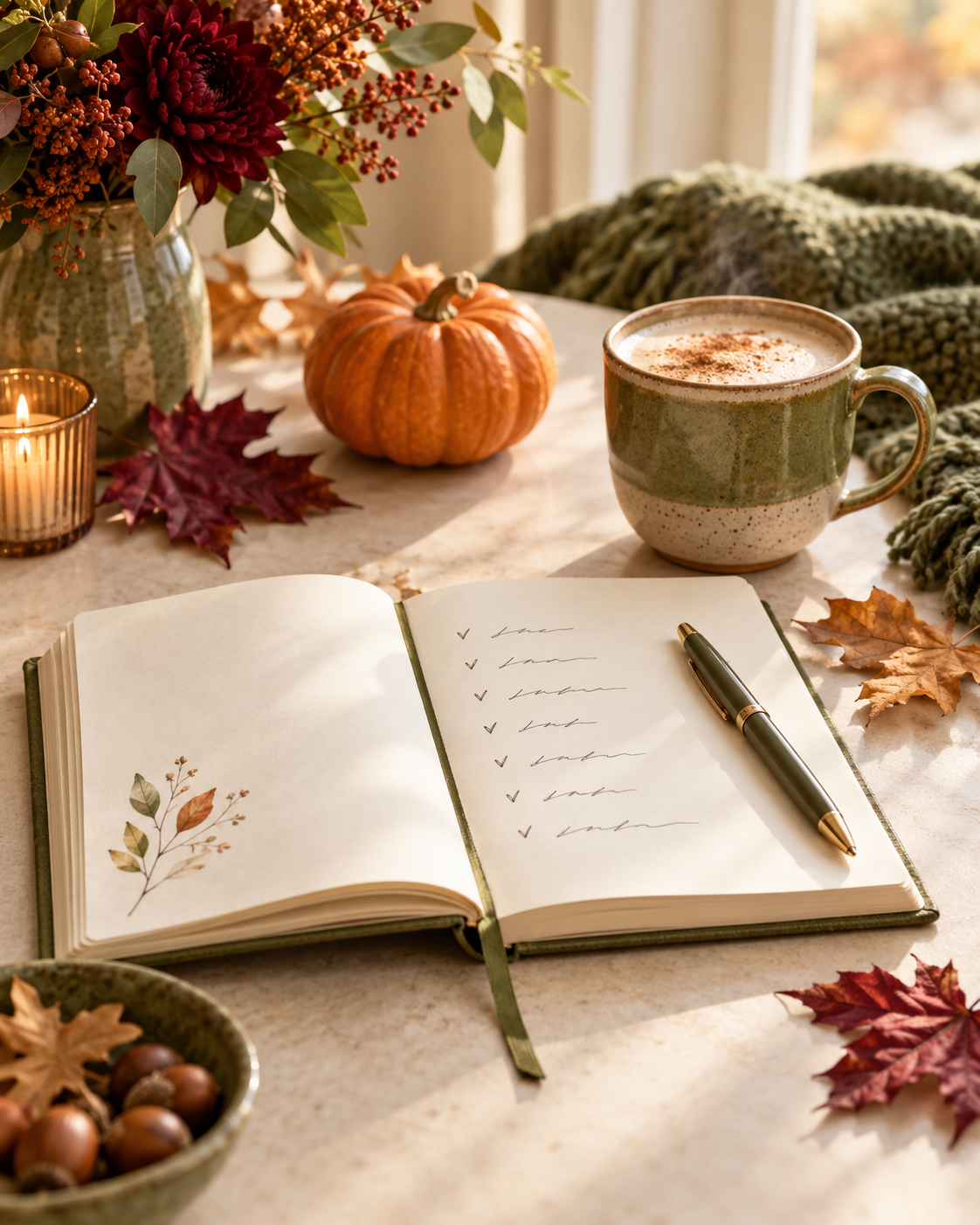 Open gratitude journal with autumn accents
