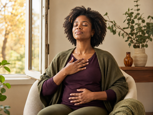 Black woman pausing for a calm, intentional breath