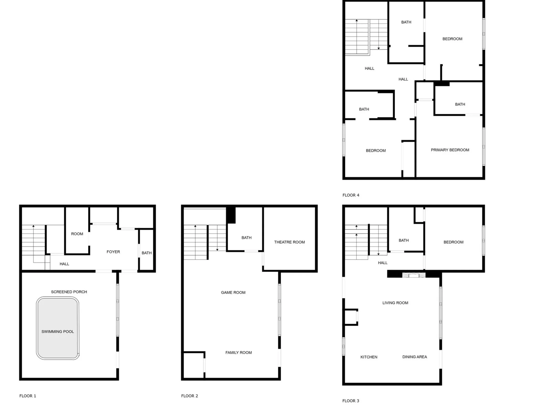 Architectural floor plan of a multi-story house, including labeled rooms such as living room, kitchen, bedrooms, bathrooms, family room, game room, foyer, screened porch, swimming pool, theater room, and hallways.