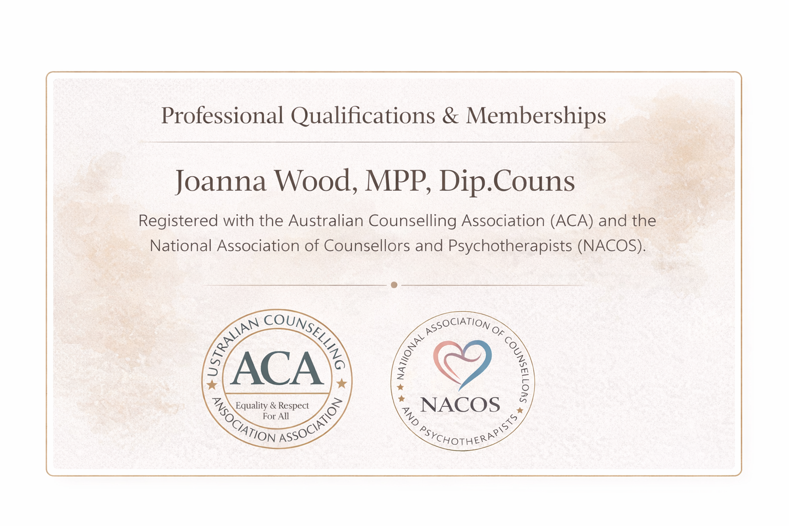 Professional qualifications and memberships of Joanna Wood, MPP, Dip.Couns, including logos of Australian Counselling Association and National Association of Counsellors and Psychotherapists.