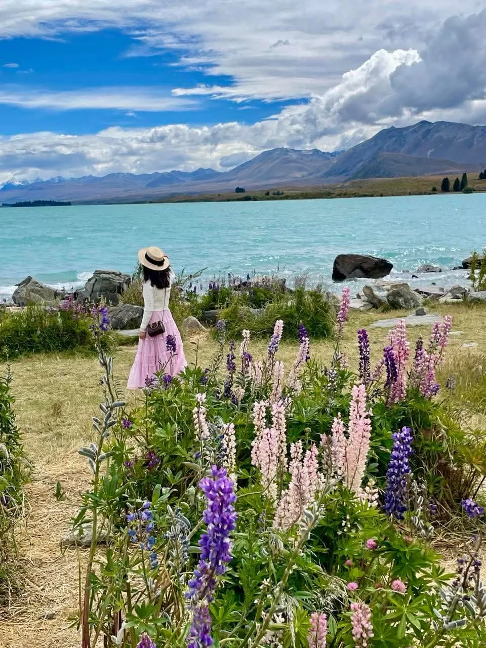 A woman in a pink skirt, white top, and wide-brimmed hat standing by the shore of a lake with mountains and a cloudy sky in the background. She is facing away and surrounded by colorful flowers.