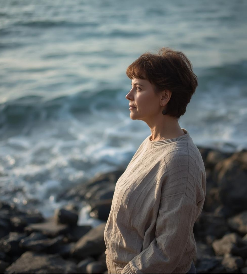 A woman with short brown hair standing on a rocky shoreline by the ocean, looking to the right with a peaceful expression.
