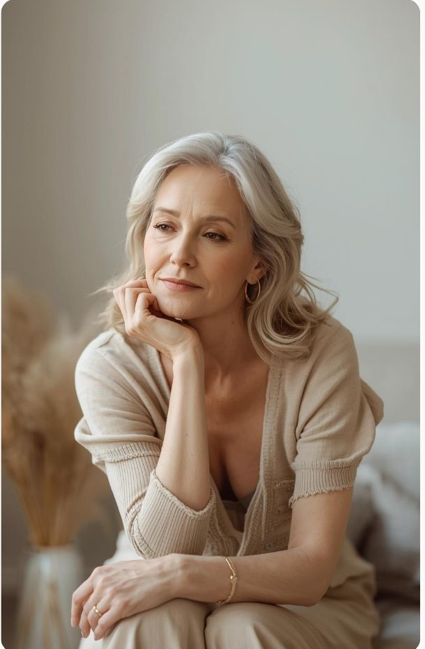A middle-aged woman with gray hair seated indoors, resting her chin on her hand and appearing thoughtful.